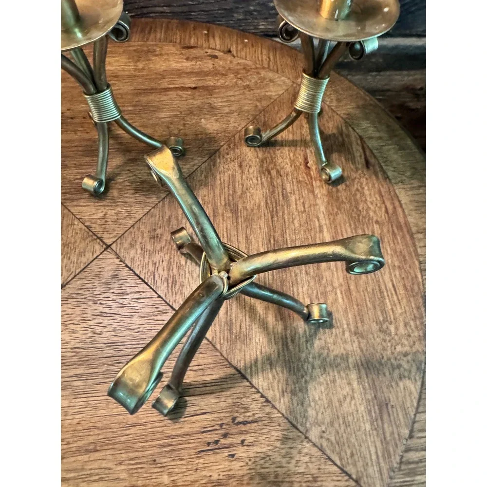 Vintage Brass Tripod Candle Holders  3Pair Brutalist Wire Wrapped Taper Stick